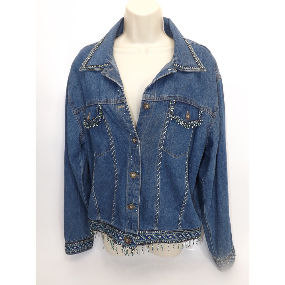Womens Embellished Denim Jean Jacket Blue Beaded Western Trucker Style L Large - Picture 3 of 16